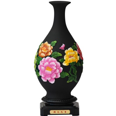 炭雕工艺国色天香花瓶